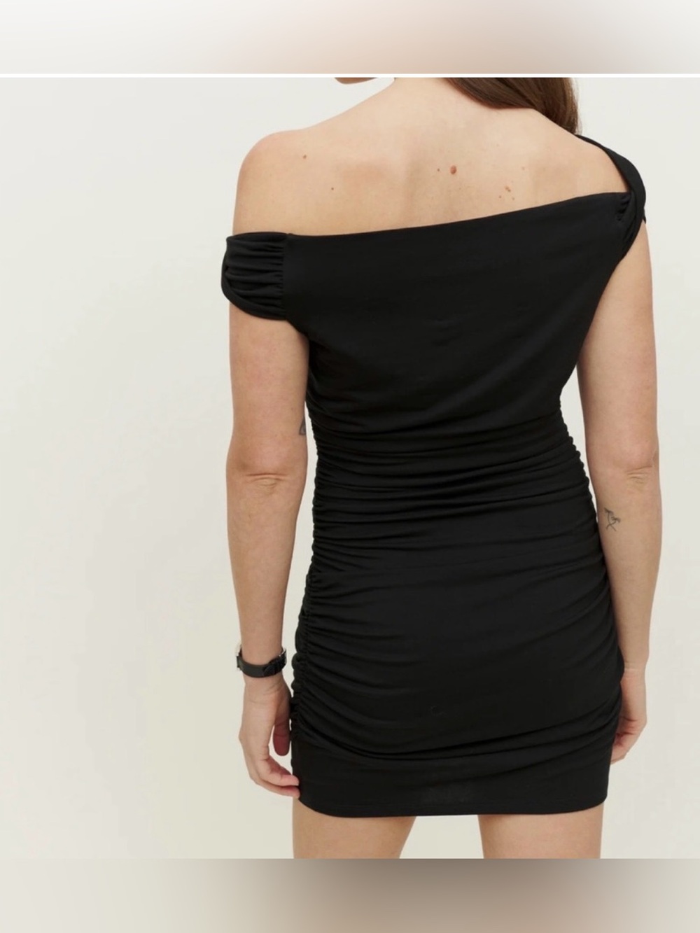 Reformation Black Raydon Knit Off-The-Shoulder Ruched Mini Dress - Size Medium - Picture 2 of 10
